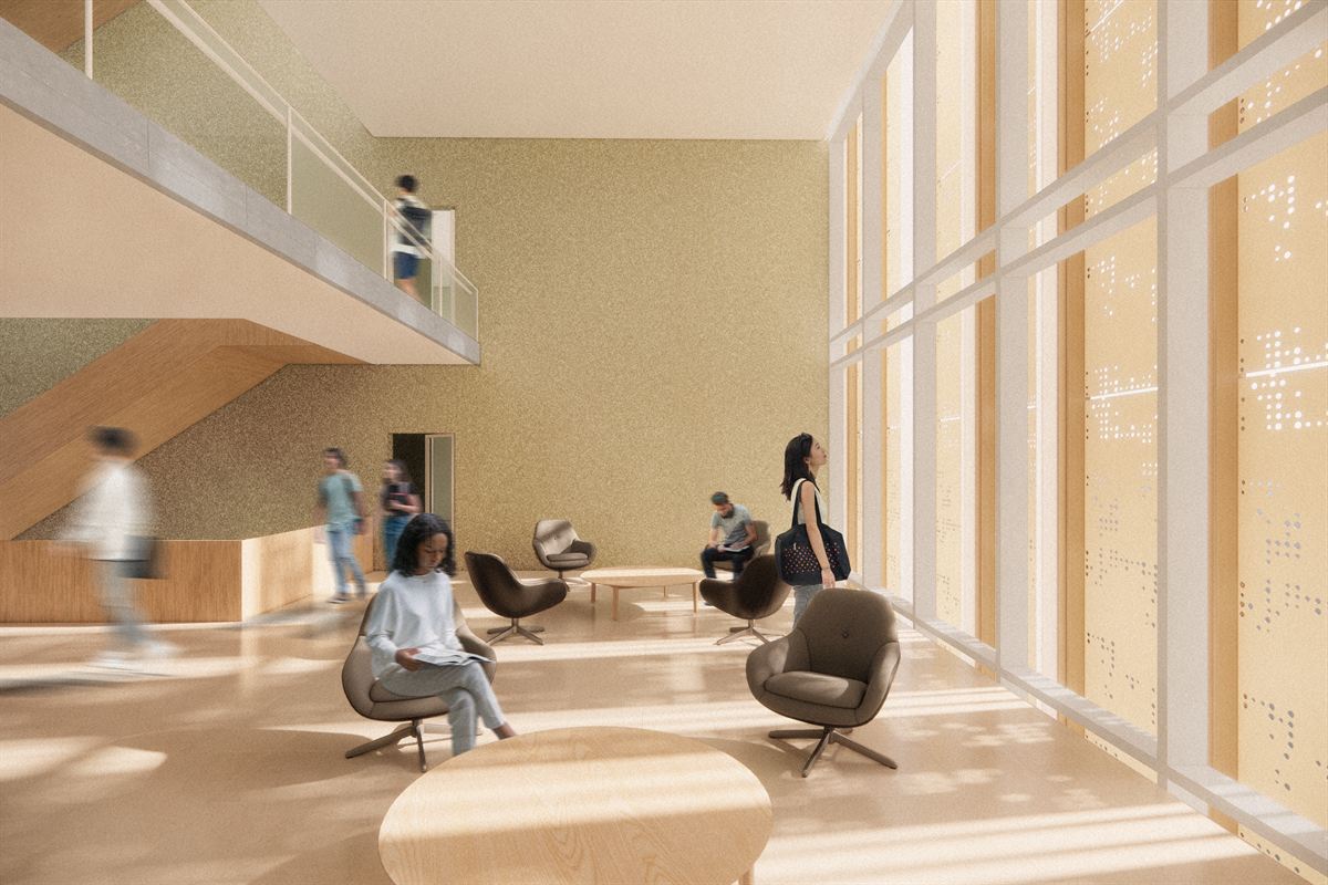 Double-height common room in the Ambient Doon Commons proposal: timber floors, a mezzanine stair, and a tall perforated screen wall casting dappled light across seating.