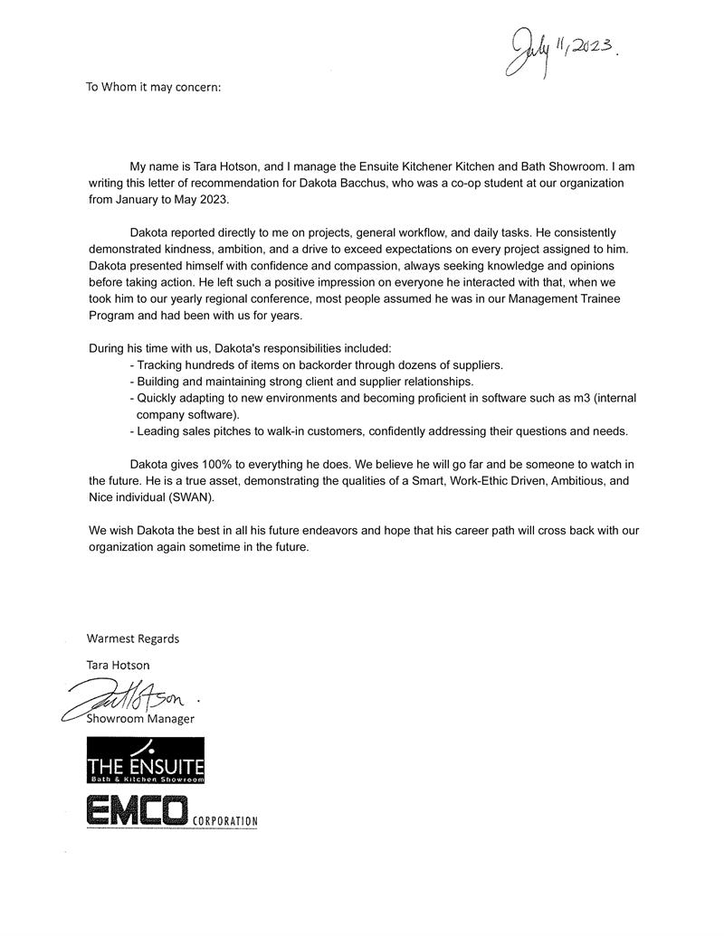 Scan of a reference letter from The Ensuite Kitchener and EMCO Corporation, dated 11 July 2023.