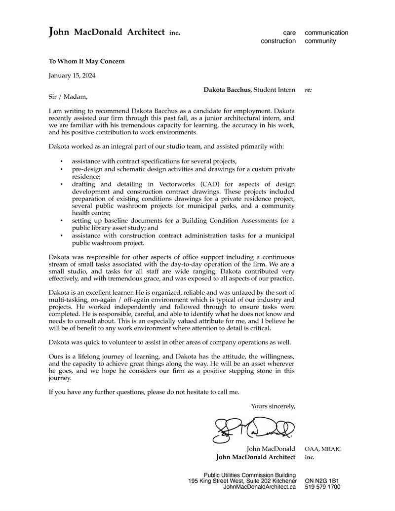 Scan of a reference letter on John MacDonald Architect inc. letterhead, dated 15 January 2024.
