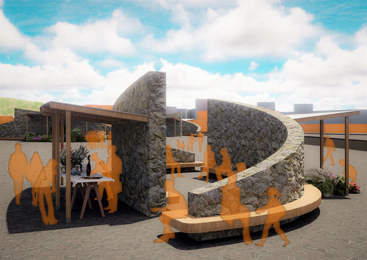 Exterior render of the Third Space pavilion: curved rubble-stone walls under a flat timber canopy, with a built-in bench curling around the drum.