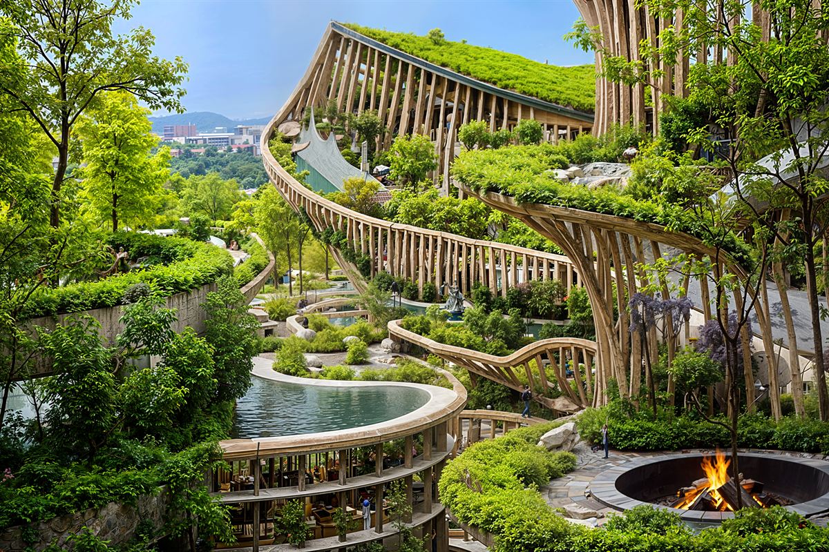 AI-generated view of a terraced, heavily planted structure stepping down a hillside above a pool, with timber colonnades and a fire pit in the foreground.
