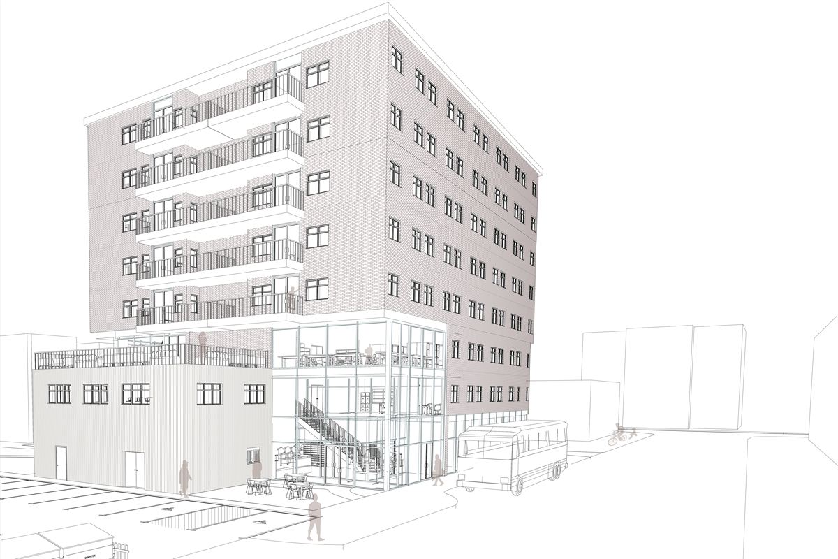 Line-work render of the Communal Seclusion mid-rise: five residential storeys with balconies above a glazed double-height ground floor holding shared program.