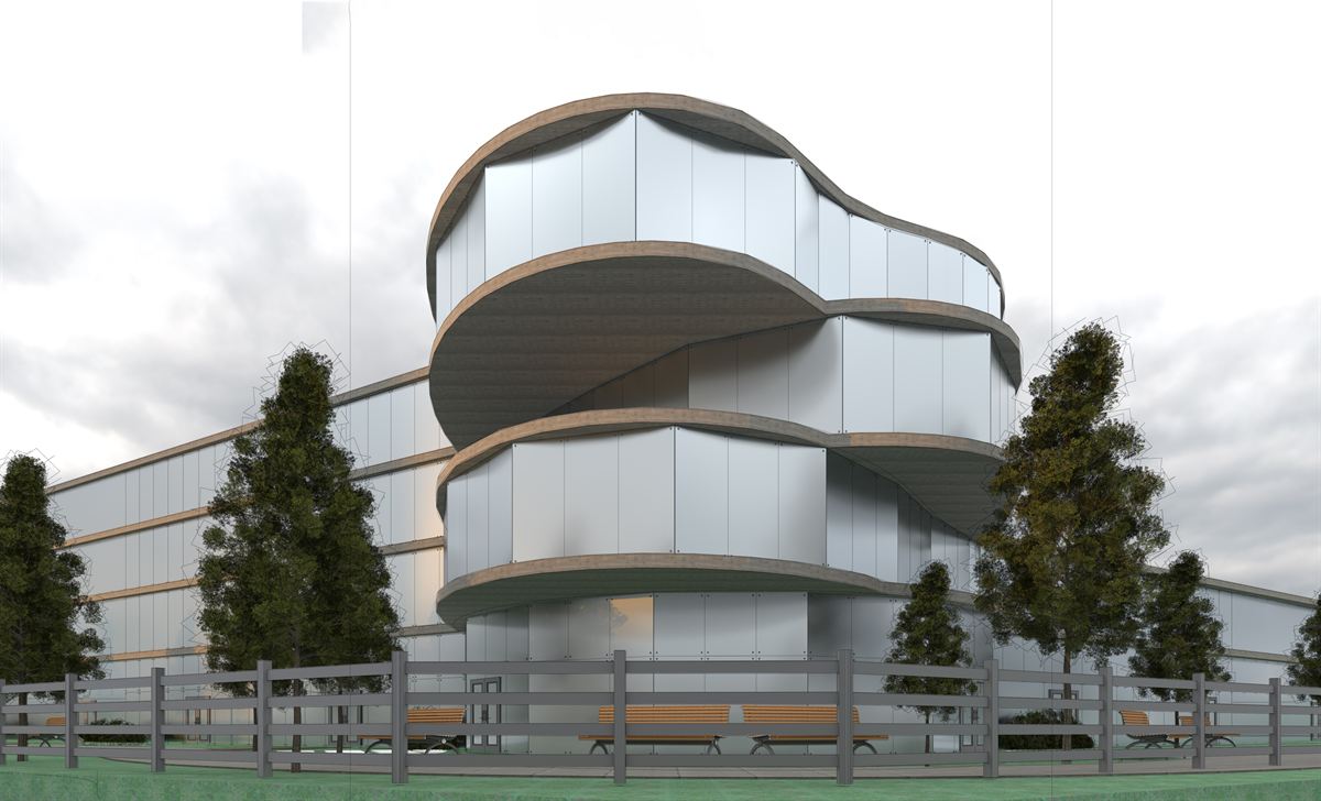 Render of the Boston Harbour complex: stacked curved floor plates with timber soffits and glazed facades, seen from a fenced public edge.