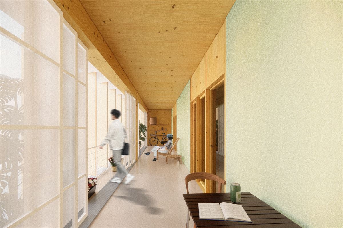 Interior render of a Doon Commons circulation gallery: a timber ceiling and translucent screens along one side, residents passing doorways on the other.