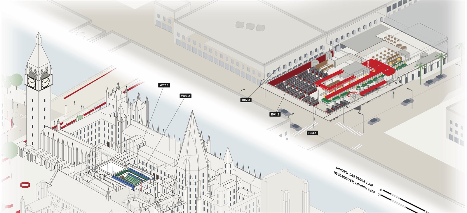 Axonometric of the House of Commons at the Palace of Westminster and the casino floor of Binion's Horseshoe, Las Vegas, drawn from the same view, with tagged moments of screening, seating and surveillance.